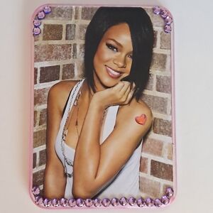 Pop Star Culture Plaque - Rihanna with Kitschy Bedazzled Bling Lilac Color Heart